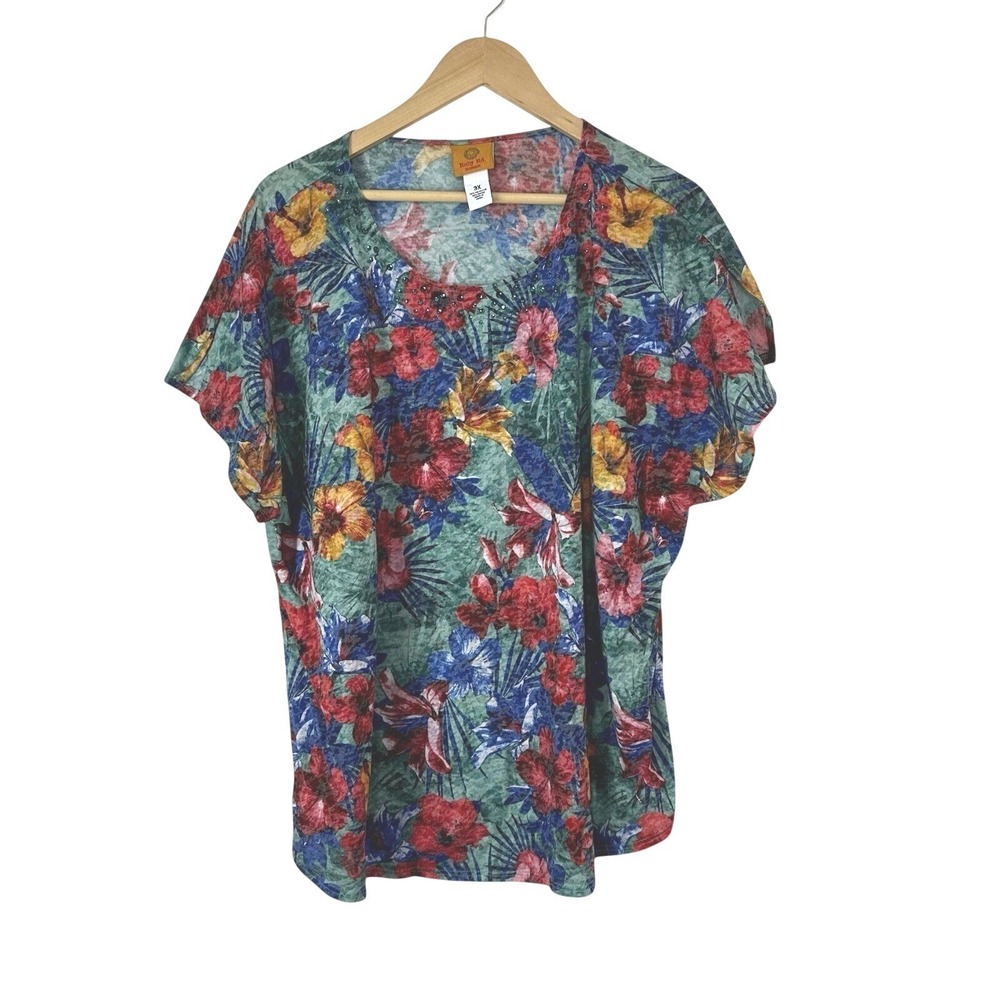 Ruby Rd. Floral Tropical Top Womens‎ 3X Short Sleeve Scoop Neck Studded Casual